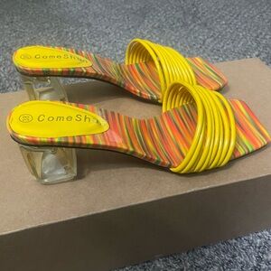 Colorful Low Block Glass Heel Square Toe Mule Shoes